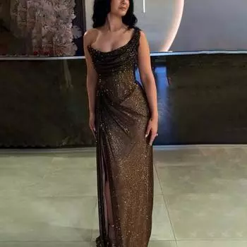 Женское платье с разрезом на одно плечо, тонкая талия, вечернее платье с пайетками, плиссированное, выпускной XL