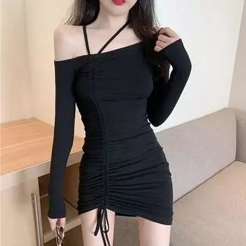 Женское платье с разрезом на шее, сексуальное платье, висящее однотонное платье на шнурке с длинными рукавами, Клубная одежда