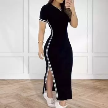 Женское платье с разрезом по бокам и принтом розы в полоску, облегающее платье с круглым вырезом и короткими рукавами до щиколотки, повседневная одежда, платье макси для отдыха M чёрный