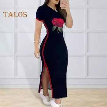 Женское платье с разрезом по бокам и принтом розы в полоску, облегающее платье с круглым вырезом и короткими рукавами до щиколотки, повседневная одежда, платье макси для отдыха M чёрный