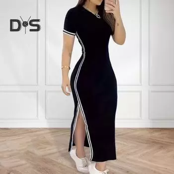 Женское платье с разрезом по бокам и принтом розы в полоску, облегающее платье с круглым вырезом и короткими рукавами до щиколотки, повседневная одежда, платье макси для отдыха M чёрный