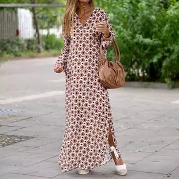 Женское платье с разрезом подол, v-образным вырезом и длинным рукавом, контрастный цветной принт, свободное геометрическое платье, полная длина, мягкое дышащее платье макси 2XL коричневый