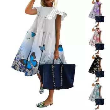 Женское платье с развевающимися рукавами и принтом бабочки, повседневное свободное длинное платье с круглым вырезом One size синий