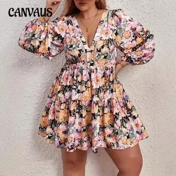 Женское платье с рукавами-фонариками и оборками по низу, платья больших размеров с принтом L разноцветный