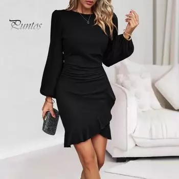 Женское платье с рукавами-фонариками, неровным подолом, облегающим кроем, неровными оборками, круглым вырезом, плиссированным мини-платьем, платье для выпускного вечера в офисе S красный