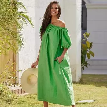 Женское платье с рукавами-пузырьками, свободные однотонные эластичные манжеты, плиссированные плечи, короткие цветные боковые карманы, пляжный отдых XL зелёный