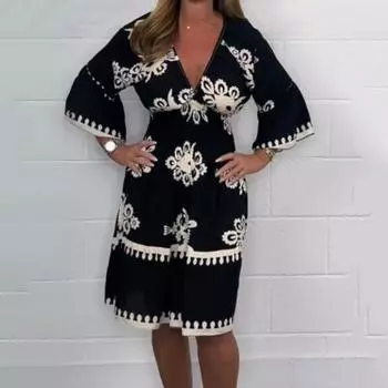 Женское платье с рукавами три четверти и глубоким V-образным вырезом с высокой талией и принтом в стиле ретро, контрастное цветное плиссированное платье миди для отпуска, пляжное платье длиной до колена L чёрный