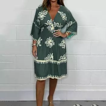 Женское платье с рукавами три четверти и глубоким V-образным вырезом с высокой талией и принтом в стиле ретро, контрастное цветное плиссированное платье миди для отпуска, пляжное платье длиной до колена XXL синий