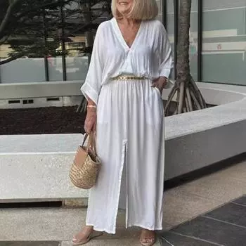 Женское платье с рукавами три четверти, V-образным вырезом, однотонное, с разрезом по низу, свободное макси-платье, облегающее повседневное платье для свиданий, летняя пляжная вечеринка, платье XXL чёрный