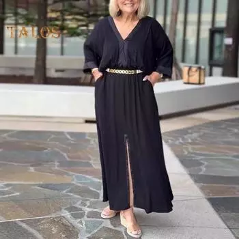 Женское платье с рукавами три четверти, V-образным вырезом, однотонное, с разрезом по низу, свободное макси-платье, облегающее повседневное платье для свиданий, летняя пляжная вечеринка, платье L белый