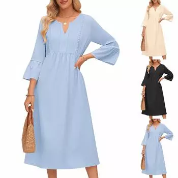 Женское платье с рукавом 3/4 и V-образным вырезом, струящееся, свободное, с оборками, повседневное платье для отпуска M чёрный