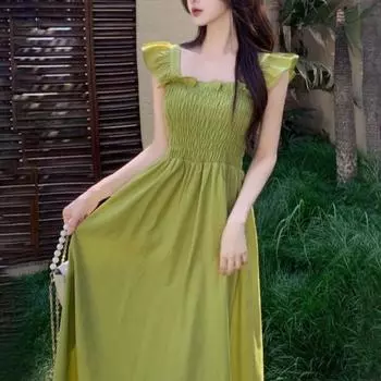 Женское платье с рюшами, эластичным бюстом, летящими рукавами, однотонное, с квадратным вырезом, плиссированной трапециевидной формы, со свободным подолом, с высокой талией до середины икры S зелёный