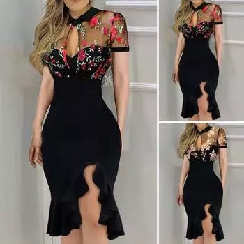 Женское платье с рюшами по подолу и разрезом с коротким рукавом и вышивкой, летнее сетчатое платье-карандаш для работы, вечернее платье, женская одежда, уличная одежда, аксессуары L розовый