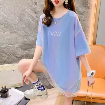 Женское платье с сетчатым дизайном и постепенным изменением цвета, летнее, свободного покроя, большого размера, с коротким рукавом, поддельное длинное платье M синий