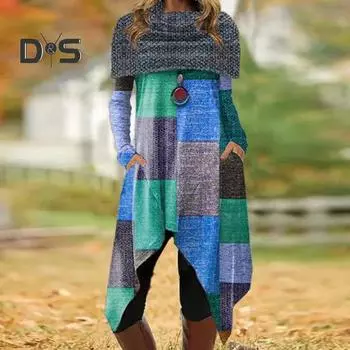 Женское платье с шалью на плечах с цветными блоками и цифровым принтом в стиле пэчворк с нерегулярным подолом Свободное платье с длинным рукавом в стиле ретро с карманами до колена Леди Платье миди L фиолетовый