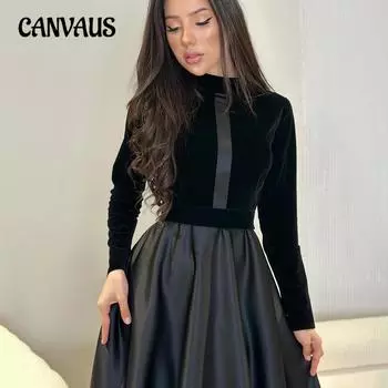 Женское платье с тонкой талией, черные платья с круглым вырезом и длинными рукавами S чёрный