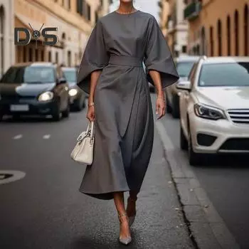 Женское платье с тонкой талией, однотонное платье с рукавами «летучая мышь», миди-платье длиной до икры, вечернее платье с круглым вырезом, длинное платье для поездок на работу, вечеринок, свиданий S серый