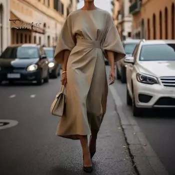 Женское платье с тонкой талией, однотонное платье с рукавами «летучая мышь», миди-платье длиной до икры, вечернее платье с круглым вырезом, длинное платье для поездок на работу, вечеринок, свиданий XXL хаки