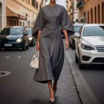 Женское платье с тонкой талией, однотонное платье с рукавами «летучая мышь», миди-платье длиной до икры, вечернее платье с круглым вырезом, длинное платье для поездок на работу, вечеринок, свиданий L хаки