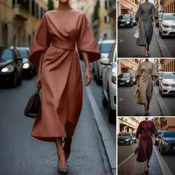 Женское платье с тонкой талией, однотонное платье с рукавами «летучая мышь», миди-платье длиной до икры, вечернее платье с круглым вырезом, длинное платье для поездок на работу, вечеринок, свиданий M хаки