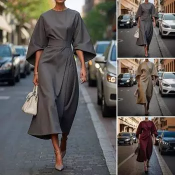 Женское платье с тонкой талией, однотонное платье с рукавами «летучая мышь», миди-платье длиной до икры, вечернее платье с круглым вырезом, длинное платье для поездок на работу, вечеринок, свиданий XL коричневый