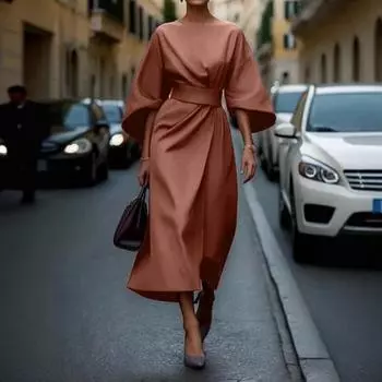 Женское платье с тонкой талией, однотонное, рукава «летучая мышь», платье миди, длина до икры S коричневый