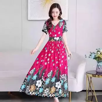 Женское платье с тонкой талией в новом принте и большой свободной юбкой, модная западная юбка с v-образным вырезом и короткими рукавами в стиле ретро с цветочным принтом XXXXL красный