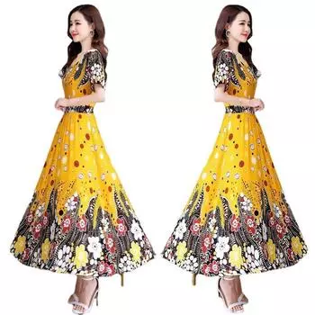 Женское платье с тонкой талией в новом принте и большой свободной юбкой, модная западная юбка с v-образным вырезом и короткими рукавами в стиле ретро с цветочным принтом L красный