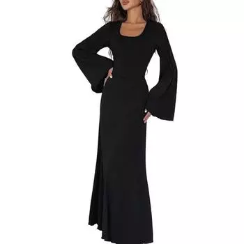 Женское платье с U-образным вырезом и длинным рукавом трапециевидной формы, обтягивающее, эластичное, с длинными рукавами с рогами, на спине, на шнуровке, до щиколотки, сплошное цветное платье макси S