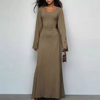 Женское платье с U-образным вырезом и длинным рукавом трапециевидной формы, обтягивающее, эластичное, с длинными рукавами с рогами, на спине, на шнуровке, до щиколотки, сплошное цветное платье макси XL хаки