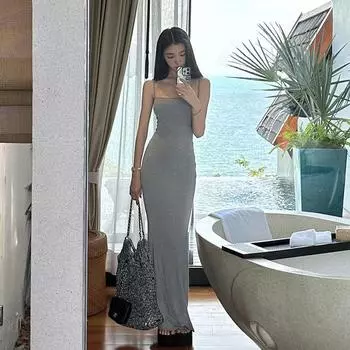 Женское платье с узким вырезом и бретелькой через шею Pure Wind Slim Waist Long Dress S серый