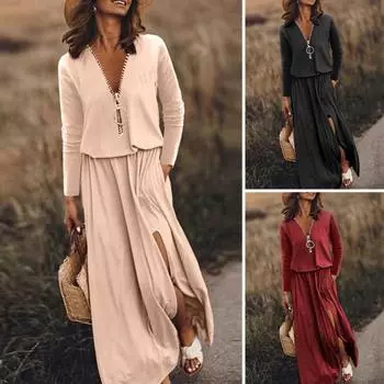 Женское платье с узкой талией, свободный раздельный подол, однотонное платье на молнии с V-образным вырезом и длинным рукавом, мягкое плиссированное платье до щиколотки, осень-весна, платье макси 2XL чёрный