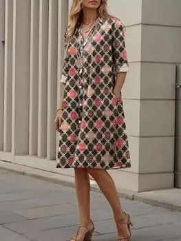Женское платье с V-образным вырезом, короткими рукавами и принтом с геометрическим узором, боковыми карманами и застежкой на пуговицы спереди, в нескольких вариантах расцветки S