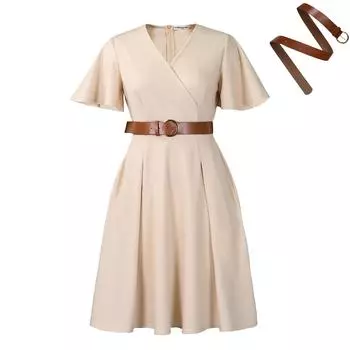Женское платье с V-образным вырезом, короткими рукавами и расклешенной юбкой, с поясом на талии, светло-бежевого цвета S