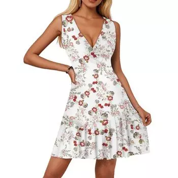 Женское платье с V-образным вырезом, без рукавов, повседневное, с цветочным принтом, плиссированное платье M белый