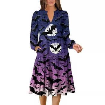 Женское платье с V-образным вырезом, многослойное, богемное, с длинным рукавом, с принтом на Хэллоуин XL