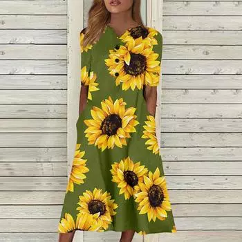Женское платье с v-образным вырезом и короткими рукавами, повседневное платье с принтом и карманами L