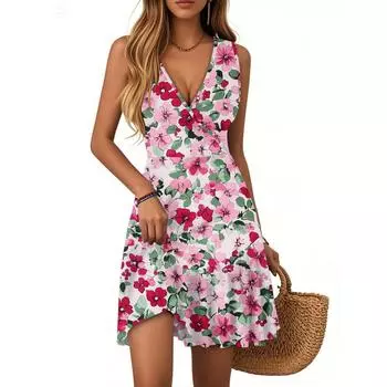 Женское платье с V-образным вырезом, без рукавов, повседневное, с цветочным принтом, плиссированное платье L
