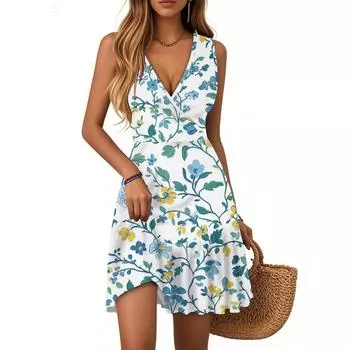 Женское платье с V-образным вырезом, без рукавов, повседневное, с цветочным принтом, плиссированное платье S синий