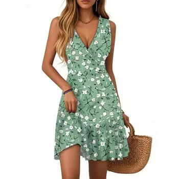 Женское платье с V-образным вырезом, без рукавов, повседневное, с цветочным принтом, плиссированное платье S циан