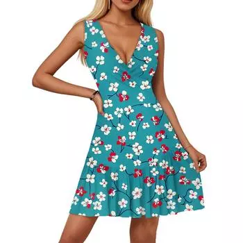 Женское платье с V-образным вырезом, без рукавов, повседневное, с цветочным принтом, плиссированное платье S циан