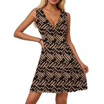 Женское платье с V-образным вырезом, без рукавов, повседневное, с цветочным принтом, плиссированное платье S коричневый