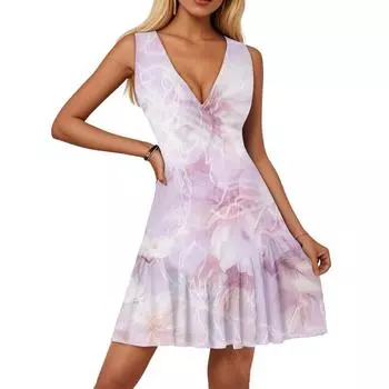 Женское платье с V-образным вырезом, без рукавов, повседневное, с цветочным принтом, плиссированное платье L фиолетовый