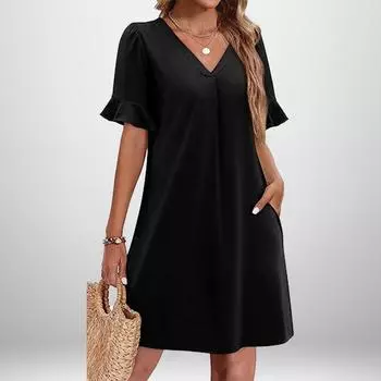 Женское платье с V-образным вырезом, летний новый стиль, с карманами и кружевной отделкой, свободная талия, мини-длина юбки, из полиэфирного волокна, праздничное платье 2XL чёрный