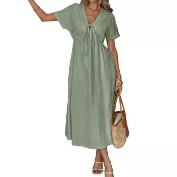 Женское платье с V-образным вырезом, шнуровкой, коротким рукавом, высокой талией, миди, однотонное, с летящим подолом, повседневное для ежедневной носки S зелёный