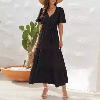 Женское платье с V-образным вырезом и высокой талией, бальное платье с длинным коротким рукавом, праздничное платье для путешествий L