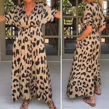 Женское платье с V-образным вырезом и узкой талией, с леопардовым принтом, свободная длина до щиколотки, однобортное, контрастного цвета, с карманами, мягкое женское платье макси с разрезом подол M жёлтый
