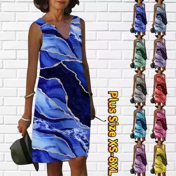 Женское платье с V-образным вырезом, летнее синее, белое, золотое, с мраморным узором и принтом, повседневное модное платье без рукавов, повседневные свободные сексуальные платья размера плюс XS-8XL XS синий