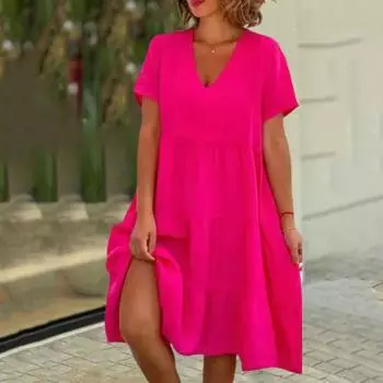 Женское платье с v-образным вырезом и оборками по подолу, однотонное свободное платье, не выцветающее, свободное пляжное платье из хлопка и льна, женская одежда для женщин 2XL кофейный