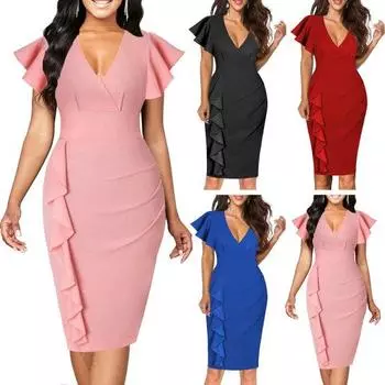 Женское платье с V-образным вырезом, короткими рукавами, рюшами, однотонное, мягкое, плотное, с высокой талией, эластичное 2XL синий